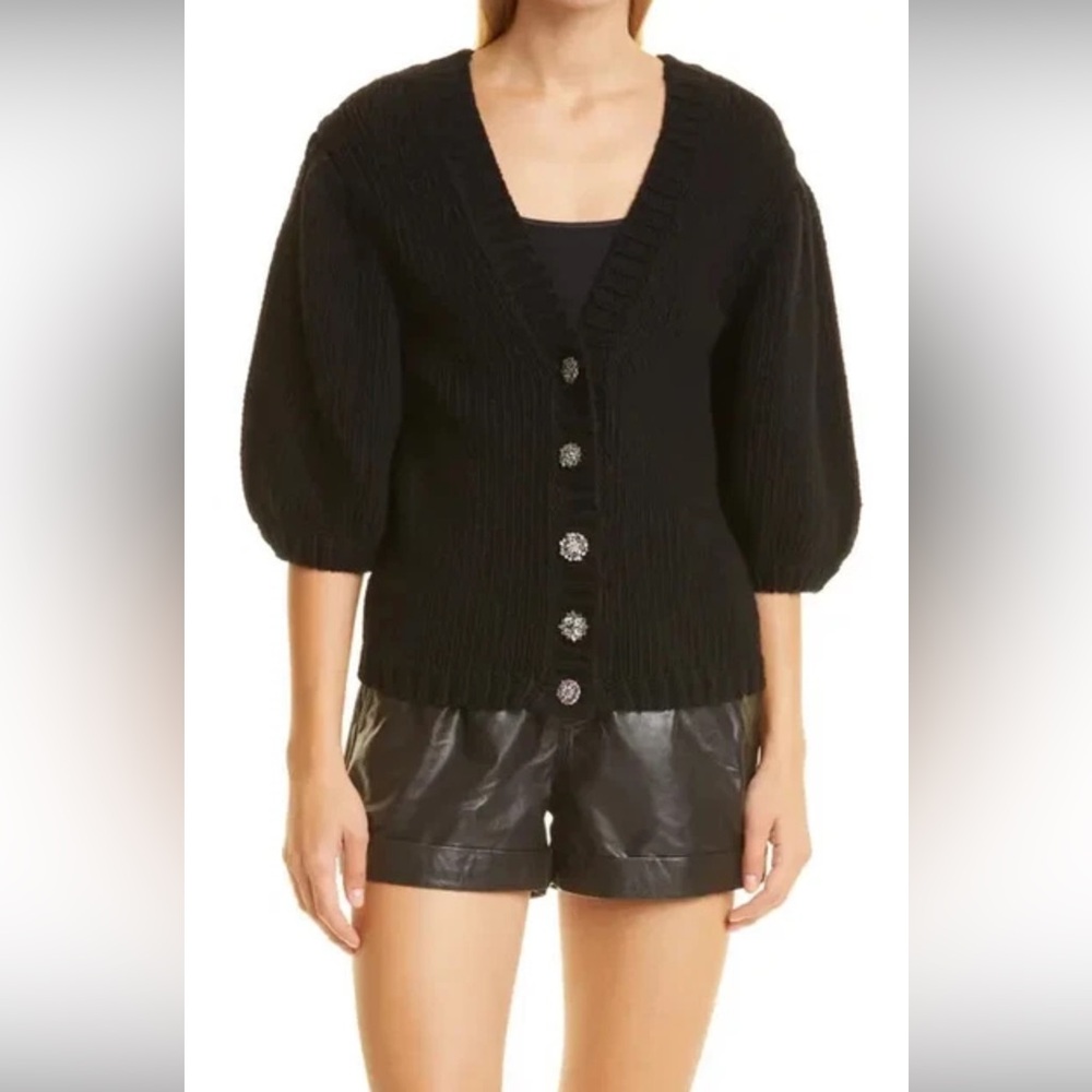 NEW  BA&SH Castille Puff Sleeve Cotton & Wool Cardigan in Black Size 2